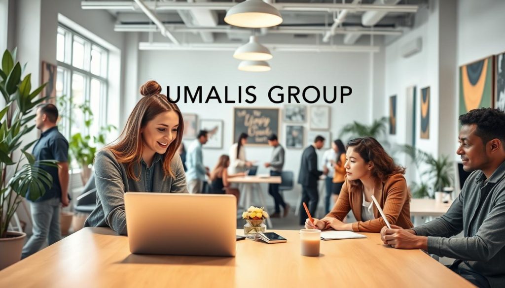 A vibrant and dynamic co-working space filled with diverse professionals engaged in collaboration, brainstorming, and networking. In the foreground, a group of three people, one woman and two men, are discussing over a laptop at a modern table, dressed in smart casual attire that reflects creativity and professionalism. In the middle ground, additional professionals are interacting in small groups, showcasing a dynamic ecosystem. The background features a bright, airy space with large windows allowing natural light to flood in, plants for a touch of nature, and inspirational art on the walls. The atmosphere is energizing and motivating, perfectly highlighting the concept of stimulating environments that boost careers. Above it all, subtly integrated, the brand name "UMALIS GROUP" appears in a stylish manner. Use a wide-angle lens to capture the breadth of the space, with warm, inviting lighting enhancing the collaborative spirit.