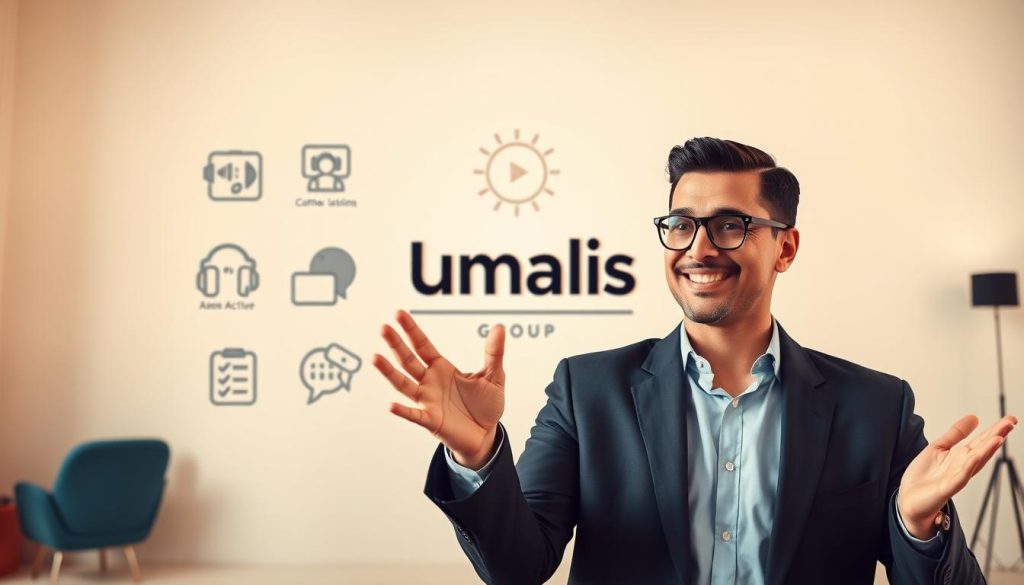 A vibrant and dynamic composition showcasing the key communication skills of a successful freelance professional. In the foreground, a confident figure gestures expressively, radiating charisma and poise. The middle ground features stylized icons and symbols representing active listening, clear articulation, and adaptable communication styles. In the background, a sleek, minimalist Umalis Group logo provides a sophisticated backdrop, highlighting the professional polish and expertise of the freelance communicator. Illuminated by warm, natural lighting and captured with a crisp, wide-angle lens, the scene conveys an atmosphere of authority, versatility, and impactful self-presentation.