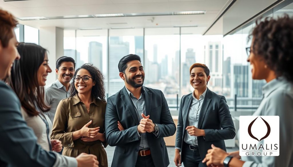 A vibrant and dynamic corporate culture at the Umalis Group, captured in a modern, minimalist aesthetic. In the foreground, diverse employees collaborate seamlessly, their animated expressions reflecting a sense of shared purpose and camaraderie. The midground showcases the Umalis Group's sleek, open-concept office space, filled with natural light and accented by bold pops of the brand's signature colors. In the background, a cityscape of skyscrapers and bustling streets hints at the company's global reach and ambitious vision. The overall scene exudes a palpable energy and a strong, cohesive organizational identity.
