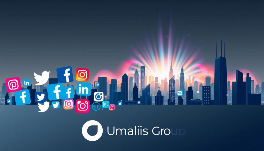 A vibrant and dynamic digital landscape, featuring an array of iconic social media platforms. In the foreground, a stylish, minimalist collage showcases the logos of leading platforms such as Twitter, Facebook, Instagram, and LinkedIn, all set against a sleek, charcoal-gray background with soft, directional lighting. The middle ground introduces a bustling, three-dimensional cityscape, with towering skyscrapers and digital infrastructure representing the vast, interconnected nature of social media. In the background, a vivid, holographic aurora dances, infusing the scene with a sense of technological wonder and the boundless possibilities of virtual interaction. The Umalis Group brand is subtly integrated into the composition, lending an air of authoritative expertise to the visuals.