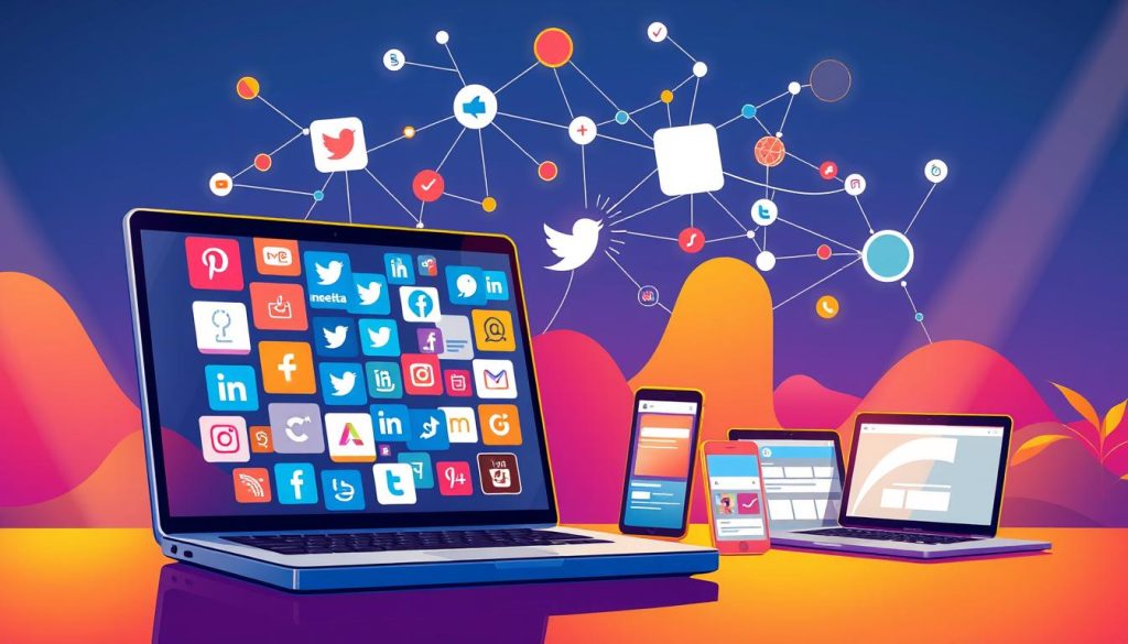 A vibrant and dynamic digital landscape, showcasing the power of social media marketing for freelancers. In the foreground, a laptop screen displays a collage of social media platforms, each with its distinct branding and features. Surrounding it, a stylized network of interconnected nodes and lines, representing the web of online connections and engagement. In the middle ground, a group of diverse digital devices - smartphones, tablets, and laptops - each displaying social media content, highlighting the multi-channel nature of effective online presence. The background is a bold, gradient-filled environment, evoking a sense of technological innovation and digital-age sophistication. Warm, directional lighting illuminates the scene, creating depth and emphasizing the importance of a well-crafted, visually striking online presence for freelance success.