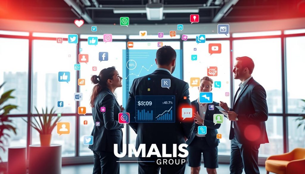 A vibrant and dynamic digital workspace illustrating the concept of social networks. In the foreground, a diverse group of three professionals, dressed in smart business attire, are actively discussing strategies for enhancing online presence. They are surrounded by colorful digital icons representing various social media platforms, like likes, shares, and comments, floating around them. The middle ground features a large digital screen displaying analytical data and growth metrics, highlighting social media engagement. In the background, a modern office setting with large windows allows natural light to pour in, creating an inspiring atmosphere. The image has a bright and optimistic mood, capturing the essence of collaboration and innovation in social media strategies. The logo "UMALIS GROUP" subtly integrated in the scene reinforces a professional brand presence.