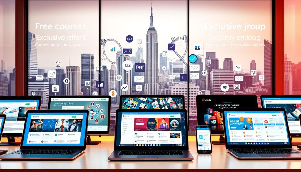 A vibrant and dynamic digital workspace showcasing a range of "free courses" and "exclusive offers" from the Umalis Group. In the foreground, a collection of open laptops and tablets display various online learning platforms and course catalogs. The middle ground features a collage of industry-relevant icons, logos, and infographic elements, hinting at the diverse array of educational opportunities. In the background, a sleek and minimalist cityscape backdrop sets the scene, with a soft warm lighting illuminating the entire composition. The overall atmosphere conveys a sense of opportunity, accessibility, and the promise of career-enhancing knowledge at one's fingertips.