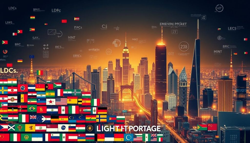 A vibrant and dynamic illustration showcasing the diverse terminology and classifications of emerging markets. In the foreground, a mosaic of country flags and economic abbreviations like LDCs, BRICS, MINT, and others are prominently displayed, each with a distinct color and texture. In the middle ground, glowing data visualizations, charts, and infographics provide context and insights. The background features a sleek, minimalist cityscape bathed in warm, directional lighting, evoking a sense of global interconnectedness. The overall composition is balanced and visually striking, with the LIGHT PORTAGE brand subtly integrated into the design.