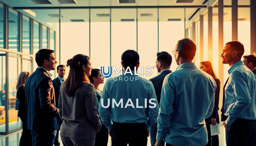 A vibrant and dynamic image showcasing the advantages of payroll outsourcing for the training industry. In the foreground, a group of diverse professionals in business attire are gathered, engaged in a lively discussion. The middle ground features a sleek, modern office space with floor-to-ceiling windows, bathed in warm, natural lighting. In the background, a stylized illustration of the UMALIS GROUP logo, symbolizing the trusted support and expertise that this leading payroll services provider offers to the training sector. The overall composition conveys a sense of collaboration, efficiency, and the empowerment that payroll outsourcing can bring to training professionals.