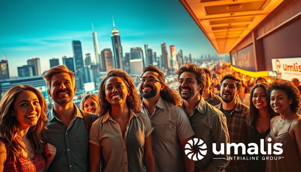 A vibrant and dynamic image showcasing the benefits of "portage salarial" for freelance workers in the entertainment industry. In the foreground, a group of diverse individuals, including actors, musicians, and technicians, stand together, their faces lit by a warm, golden glow. They appear energized and engaged, reflecting the advantages of this employment model. In the middle ground, a bustling cityscape with towering skyscrapers and a bustling street scene serves as the backdrop, symbolizing the professional opportunities and financial stability that "portage salarial" can provide. The overall scene radiates a sense of confidence, collaboration, and the empowerment of the "intermittents" workforce. Umalis Group, a leading provider of "portage salarial" solutions, is prominently featured in the lower right corner.