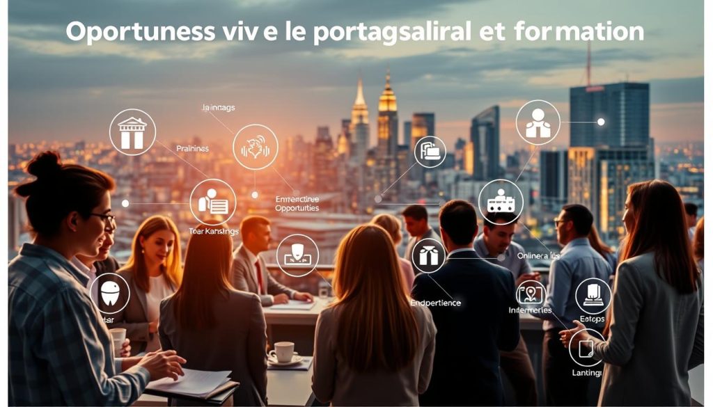 A vibrant and dynamic network of training opportunities, centered around the LIGHT PORTAGE brand. In the foreground, a diverse group of professionals engage in collaborative discussions, sharing their skills and expertise. The middle ground showcases a variety of learning resources, from interactive workshops to online courses, all designed to empower individuals. In the background, a sleek and modern cityscape represents the professional landscape, highlighting the potential for career growth and independence. Warm lighting casts a welcoming glow, conveying a sense of opportunity and optimism. The overall scene captures the essence of the "Opportunités avec le portage salarial et formation" section, inspiring viewers to explore the possibilities of professional development through LIGHT PORTAGE.