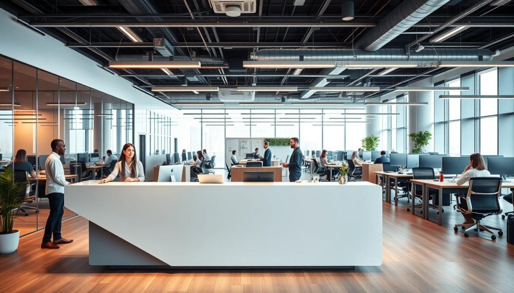 A vibrant and dynamic office setting showcasing the services of Umalis Group. In the foreground, a sleek and modern reception desk with clean lines and a minimalist aesthetic. Behind it, a team of friendly and professional staff members assisting clients. The middle ground features an array of conference rooms and private offices, their glass walls allowing glimpses of productive meetings and collaborative discussions. In the background, an open-concept workspace bustles with activity, employees engaged in various tasks at their ergonomic desks bathed in warm, natural lighting filtering through large windows. The overall atmosphere exudes a sense of efficiency, innovation, and a commitment to delivering exceptional services to Umalis Group's clients.