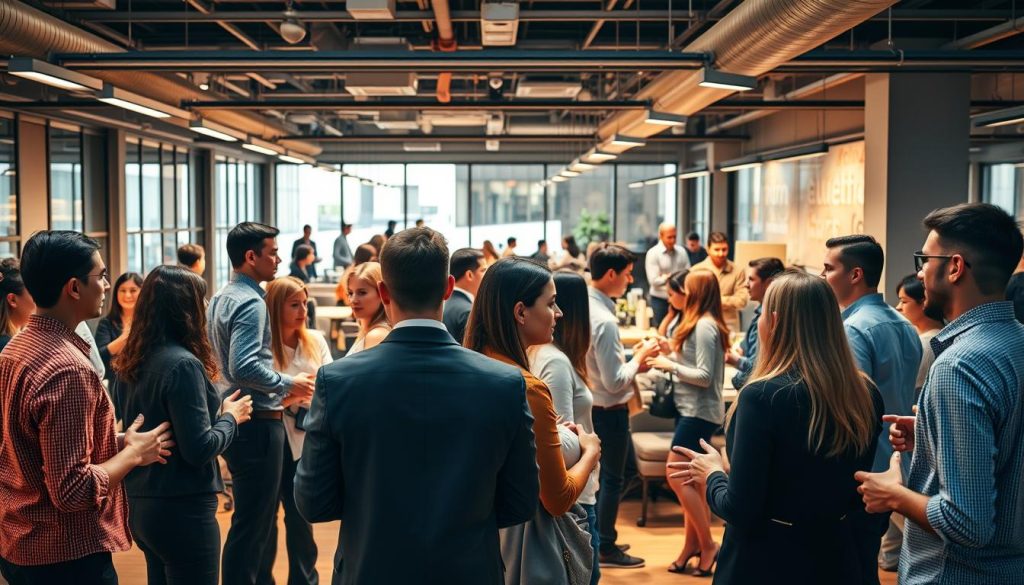 A vibrant and dynamic professional network, showcasing the opportunities of the Umalis Group's freelance portage salarial system. In the foreground, a diverse group of professionals engage in lively discussions, exchanging ideas and forging connections. The middle ground reveals a bustling coworking space, with individuals collaborating on projects, networking, and exploring new possibilities. In the background, a sleek and modern office environment sets the tone, conveying a sense of professionalism and innovation. Warm, natural lighting illuminates the scene, creating a welcoming and productive atmosphere. The overall composition captures the essence of the professional network and the empowering opportunities offered by the Umalis Group's portage salarial platform. A vibrant and dynamic professional network, showcasing the opportunities of the Umalis Group's freelance portage salarial system. In the foreground, a diverse group of professionals engage in lively discussions, exchanging ideas and forging connections. The middle ground reveals a bustling coworking space, with individuals collaborating on projects, networking, and exploring new possibilities. In the background, a sleek and modern office environment sets the tone, conveying a sense of professionalism and innovation. Warm, natural lighting illuminates the scene, creating a welcoming and productive atmosphere. The overall composition captures the essence of the professional network and the empowering opportunities offered by the Umalis Group's portage salarial platform.