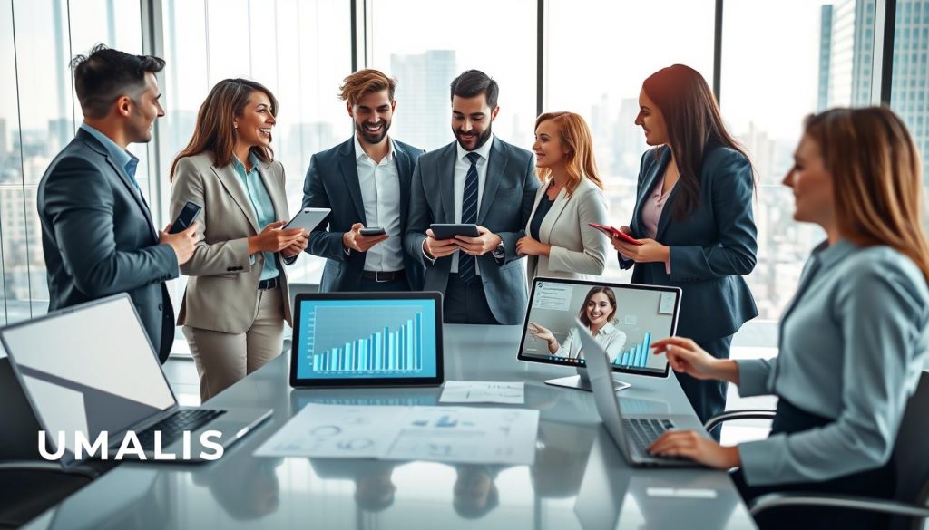 A vibrant and dynamic professional networking scene depicting diverse individuals engaged in discussions and exchanging ideas in a modern office setting. In the foreground, a group of four professionals (two men and two women) in business attire interact enthusiastically, with digital devices like laptops and tablets visible. In the middle ground, a sleek conference table with charts and documents emphasizing career opportunities, while colleagues connect through a digital platform on screens. The background features a bright, glass-walled office overlooking a cityscape, symbolizing growth and ambition. Soft daylight streams through the windows, creating an inviting atmosphere that conveys collaboration and aspiration. The scene subtly incorporates branding elements of "UMALIS GROUP" through modern aesthetics.