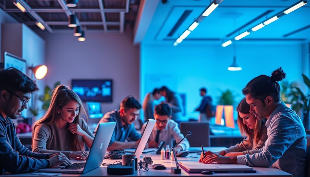 A vibrant and dynamic scene depicting "skill enhancement approaches" for professionals, showcased against the backdrop of the LIGHT PORTAGE brand. In the foreground, various skill-building activities are in motion - individuals engrossed in coding, designing, and problem-solving, their faces illuminated by the soft, warm glow of the studio lighting. In the middle ground, a team collaborates on a project, exchanging ideas and honing their expertise. The background features a sleek, modern workspace with state-of-the-art technology, conveying a sense of innovation and progress. The overall atmosphere is one of focused determination, creativity, and a commitment to professional development.