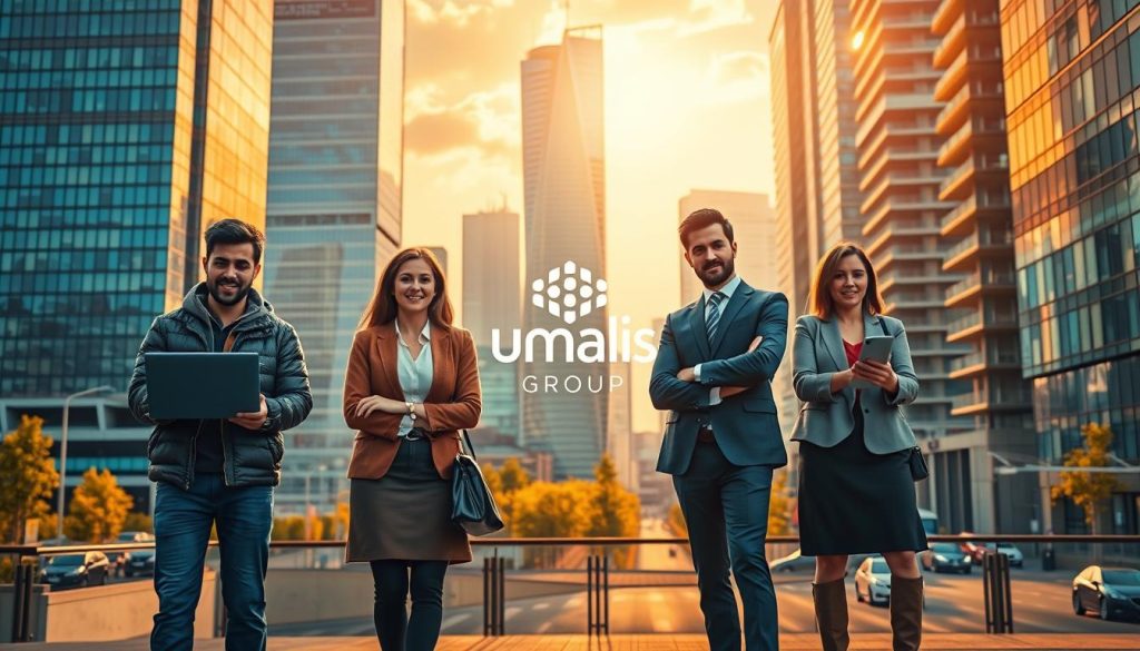 A vibrant and dynamic scene depicting the adaptability of the "portage salarial" employment model to various professional profiles. In the foreground, a diverse group of individuals representing different occupations - a software developer, a graphic designer, a business consultant, and a marketing specialist - stand side by side, each showcasing their unique skills and expertise. The middle ground features the Umalis Group logo, signifying their role in facilitating this flexible employment solution. In the background, a modern cityscape with towering skyscrapers and bustling streets, symbolizing the adaptability of the "portage salarial" model to the ever-evolving professional landscape. The scene is bathed in warm, golden light, conveying a sense of opportunity and progress. The overall composition and mood evoke the adaptability and versatility of the "portage salarial" concept.