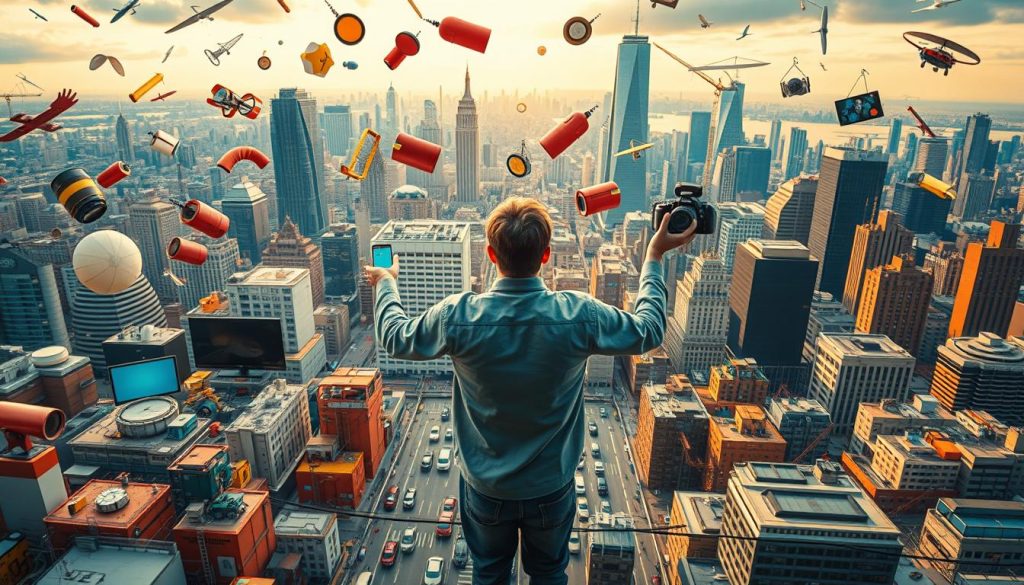 A vibrant and dynamic scene of "job variability" for a freelance career, captured in a LIGHT PORTAGE camera lens. In the foreground, a figure navigates through a maze of diverse tasks and projects, their hands juggling multiple tools and devices. The middle ground showcases a spectrum of freelance work, from design and coding to creative writing and photography. In the background, a bustling cityscape with skyscrapers and infrastructure reflects the ever-changing landscape of the freelance economy. Warm lighting casts a sense of optimism and resilience, emphasizing the benefits of job variability for long-term career stability.