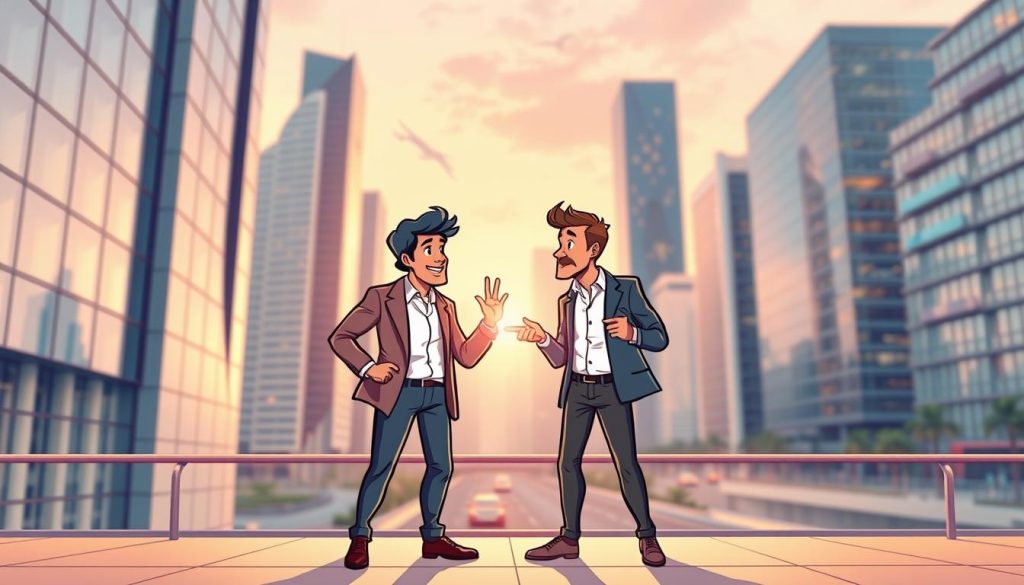 A vibrant and dynamic scene of two influential brand ambassadors from the Umalis Group, casually interacting against a backdrop of sleek modern architecture and a bustling city skyline. Soft, warm lighting casts a glow over the collaborative energy, as the figures gesture animatedly, discussing their successful partnership and its impactful results. The composition emphasizes a sense of synergy, with the two figures positioned in the foreground, surrounded by a subtly blurred urban environment that conveys a sense of progress and achievement. The overall mood is one of professionalism, confidence and a celebration of the power of strategic brand collaborations.