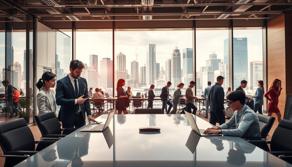 A vibrant and dynamic scene showcasing the diverse applications of Portage Salarial in various industries. In the foreground, a group of professionals in business attire collaborate at a sleek conference table, laptops and documents in hand, conveying the adaptability of this flexible employment model. In the middle ground, a bustling open-plan office setting with employees of diverse backgrounds engaged in their tasks, highlighting the versatility of Portage Salarial across different sectors. The background features a cityscape with towering skyscrapers, symbolizing the integration of this innovative employment solution within the modern business landscape. Warm lighting and a sense of purposeful movement create an atmosphere of productivity and progress, reflecting the advantages Portage Salarial offers to both employers and employees.