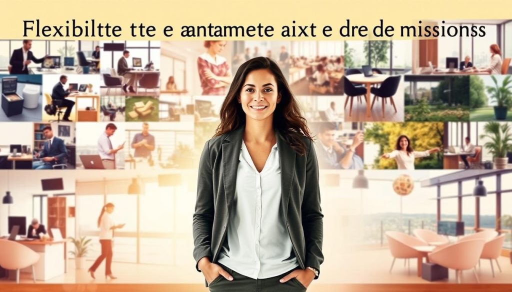 A vibrant and dynamic scene showcasing the flexibility and autonomy of freelance professionals working with Umalis Group's portage salarial services. In the foreground, a confident individual stands amidst a collage of varied tasks and projects, seamlessly transitioning between them with ease. The middle ground reveals a backdrop of diverse work environments, from a modern office to a tranquil outdoor setting, reflecting the freedom to choose their own workspace. In the background, a warm and inviting color palette, with soft lighting and a sense of fluidity, embodies the adaptability and work-life balance inherent in the portage salarial model. The overall composition conveys the core message of "Flexibilité et autonomie dans l'exercice des missions" for Umalis Group's freelance professionals.