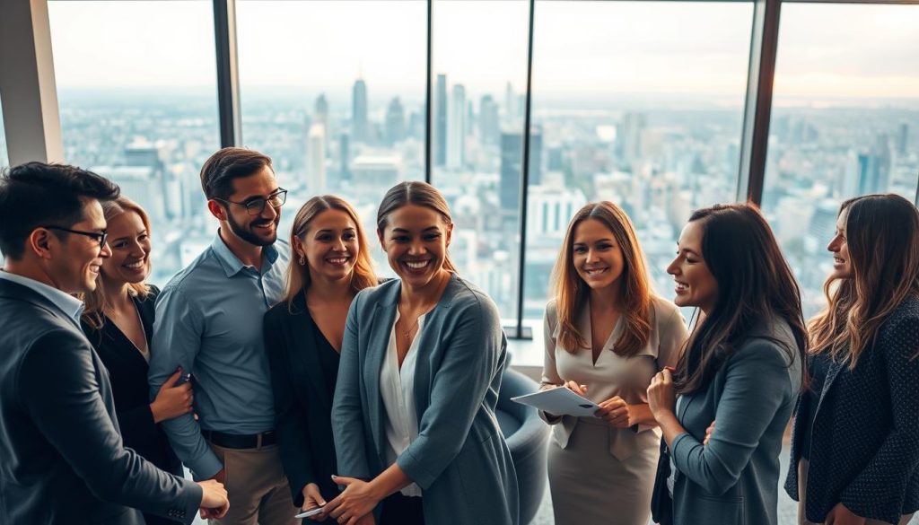 A vibrant and dynamic scene showcasing the flexibility of the UMALIS GROUP's salarial portage solution. The foreground depicts a diverse team of professionals collaborating seamlessly, their expressions conveying a sense of ease and adaptability. The middle ground features an open-concept office space, with sleek, modern furnishings and an abundance of natural light, creating an atmosphere of productivity and collaboration. In the background, a panoramic view of a bustling cityscape, symbolizing the UMALIS GROUP's ability to empower businesses to thrive in a rapidly changing environment. Warm lighting casts a gentle glow, accentuating the sense of fluidity and versatility inherent in the salarial portage model. The overall composition captures the essence of "Le portage salarial : une solution flexible pour les employeurs".