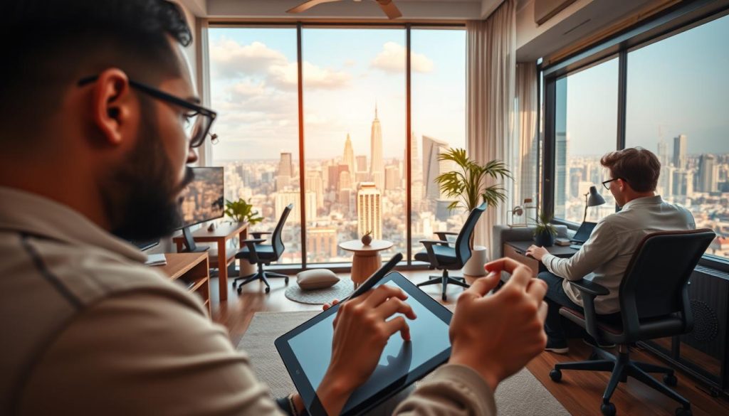 A vibrant and dynamic scene showcasing the freelance lifestyle of graphic designers under the Umalis Group's salarial portage model. In the foreground, a skilled artist works intently on a digital tablet, their hands a blur of creative energy. The middle ground features a cozy, well-appointed home office, complete with sleek monitors, ergonomic furniture, and an inspiring mood board. In the background, a panoramic view of a bustling city skyline, hinting at the global reach and flexibility of this salarial portage arrangement. The lighting is warm and inviting, casting a soft glow over the entire scene and conveying a sense of professional fulfillment and work-life balance.
