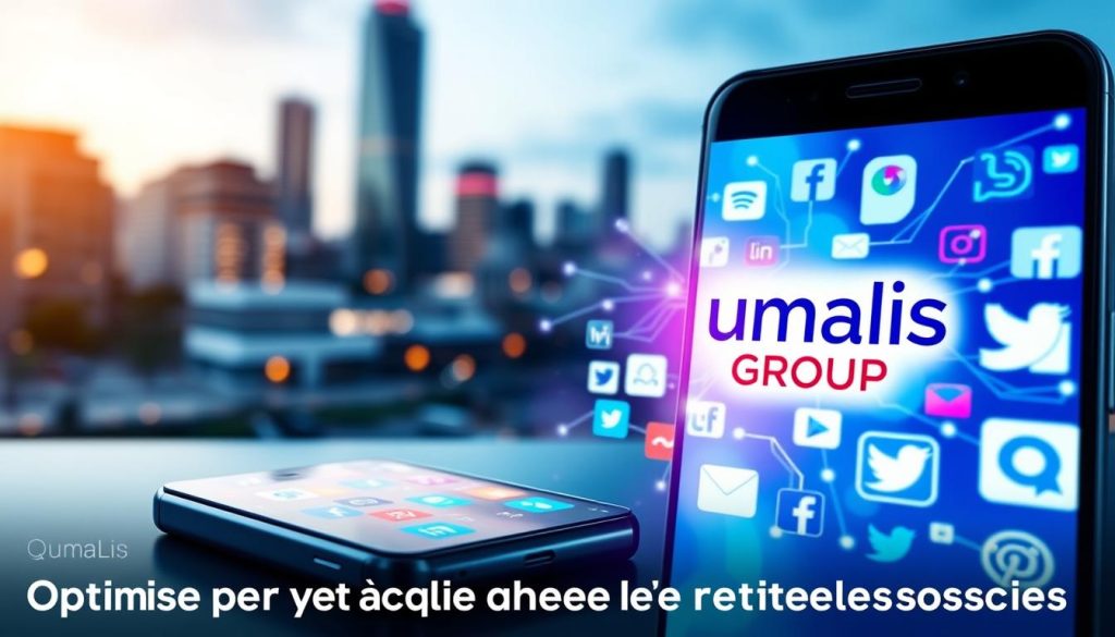 A vibrant and dynamic social media landscape, showcasing the Umalis Group brand prominently. In the foreground, a sleek and modern smartphone screen displays a variety of social media app icons, each with a subtle, ethereal glow. The middle ground features a collage of social media platforms, with stylized icons and flowing data streams, creating a sense of interconnectivity. In the background, a blurred cityscape provides a sophisticated urban backdrop, conveying the professional and innovative nature of the Umalis Group. The overall atmosphere is one of innovation, connectivity, and digital-savvy, perfectly capturing the essence of "Optimiser votre présence sur les réseaux sociaux".