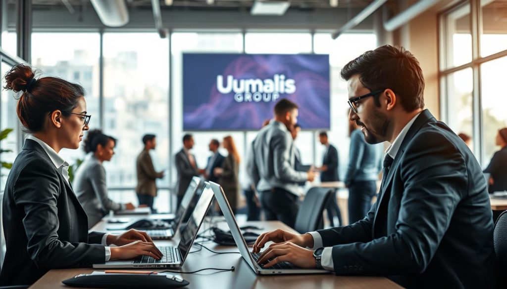 A vibrant and dynamic workspace filled with professionals engaged in diverse computer-related tasks, illustrating "Missions, Réseautage et Opportunités en Informatique". In the foreground, two individuals in smart business attire are collaborating over laptops, showcasing a spirit of teamwork. The middle ground features a diverse group participating in a networking event, exchanging ideas and contact information, with a large screen displaying the logo "Umalis Group". The background highlights a modern office environment with large windows allowing soft, natural light to flood in, creating an inviting atmosphere. The composition uses a shallow depth of field to focus on the interactions, with a warm, upbeat ambiance reflecting collaboration and innovation in the tech industry. A vibrant and dynamic workspace filled with professionals engaged in diverse computer-related tasks, illustrating "Missions, Réseautage et Opportunités en Informatique". In the foreground, two individuals in smart business attire are collaborating over laptops, showcasing a spirit of teamwork. The middle ground features a diverse group participating in a networking event, exchanging ideas and contact information, with a large screen displaying the logo "Umalis Group". The background highlights a modern office environment with large windows allowing soft, natural light to flood in, creating an inviting atmosphere. The composition uses a shallow depth of field to focus on the interactions, with a warm, upbeat ambiance reflecting collaboration and innovation in the tech industry.