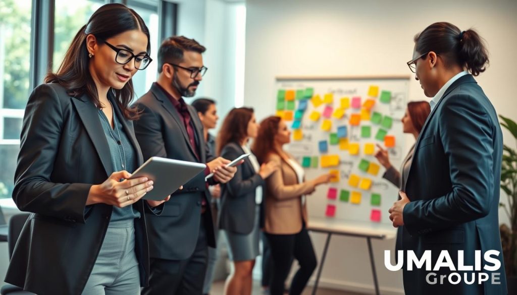A vibrant and dynamic workspace scene featuring a diverse group of professionals engaged in collaborative discussions. In the foreground, a confident woman in smart business attire is presenting ideas on a digital tablet, while a man beside her, dressed in a stylish suit, is intently listening, taking notes. In the middle ground, a diverse group of individuals of various ethnicities are brainstorming around a whiteboard filled with colorful charts and sticky notes. The background features a modern office setting with large windows letting in natural light, creating a bright and inviting atmosphere. The composition conveys a sense of teamwork and innovation. Include the brand name "UMALIS GROUP" subtly integrated into the office decor, such as on a wall or a branded item. The overall mood is professional and inspiring, highlighting access to talent and sectoral expertise. A vibrant and dynamic workspace scene featuring a diverse group of professionals engaged in collaborative discussions. In the foreground, a confident woman in smart business attire is presenting ideas on a digital tablet, while a man beside her, dressed in a stylish suit, is intently listening, taking notes. In the middle ground, a diverse group of individuals of various ethnicities are brainstorming around a whiteboard filled with colorful charts and sticky notes. The background features a modern office setting with large windows letting in natural light, creating a bright and inviting atmosphere. The composition conveys a sense of teamwork and innovation. Include the brand name "UMALIS GROUP" subtly integrated into the office decor, such as on a wall or a branded item. The overall mood is professional and inspiring, highlighting access to talent and sectoral expertise.