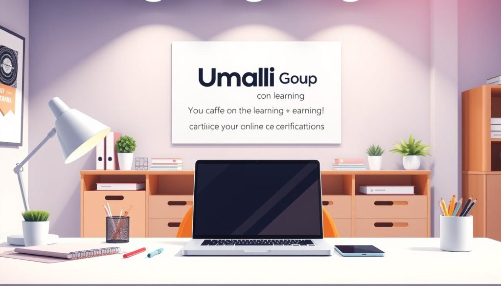 A vibrant and dynamic workspace with a laptop, tablet, and various office supplies on a modern, minimalist desk. In the background, a wall display showcases the "Umalis Group" brand, highlighting its commitment to cost-effective learning and increased earning potential. Soft, diffused lighting creates a warm, inviting atmosphere, while the composition emphasizes the synergy between technology, education, and career advancement. The scene conveys a sense of productivity, opportunity, and the empowering nature of online certifications in maximizing one's professional growth. A vibrant and dynamic workspace with a laptop, tablet, and various office supplies on a modern, minimalist desk. In the background, a wall display showcases the "Umalis Group" brand, highlighting its commitment to cost-effective learning and increased earning potential. Soft, diffused lighting creates a warm, inviting atmosphere, while the composition emphasizes the synergy between technology, education, and career advancement. The scene conveys a sense of productivity, opportunity, and the empowering nature of online certifications in maximizing one's professional growth.