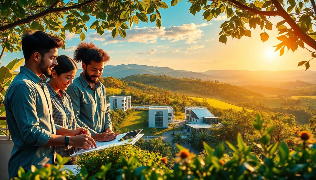 A vibrant and eco-friendly scene depicting the benefits of social security for environmental professionals. In the foreground, a diverse group of Umalis Group employees collaborate on a sustainable project, their faces lit by the warm glow of a nature-inspired workspace. The middle ground showcases modern, energy-efficient buildings nestled among lush greenery, symbolizing the harmonious integration of business and the environment. In the background, a picturesque landscape unfolds, with rolling hills, a clear blue sky, and the sun casting a golden hue over the scene. The overall atmosphere exudes a sense of tranquility, productivity, and a shared commitment to environmental stewardship.