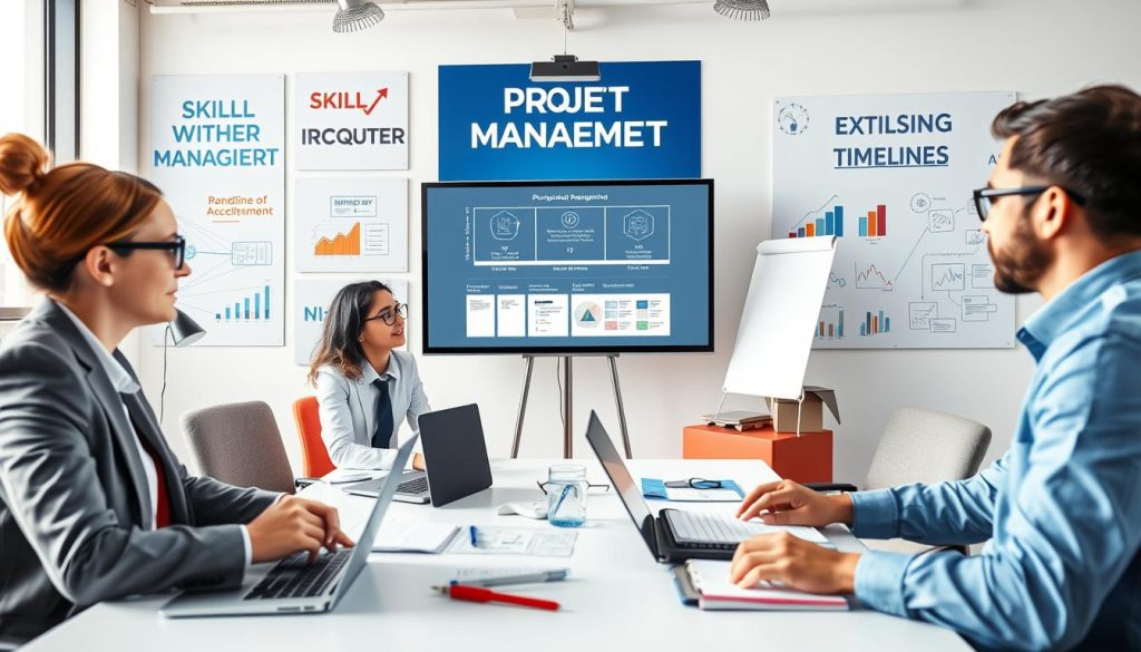 A vibrant and engaging image depicting a professional business training session on project management skills. In the foreground, a diverse group of three individuals, dressed in business attire, are actively engaged in discussion while surrounded by project management tools such as laptops, notebooks, and charts. The middle of the scene features a large presentation screen displaying key project management concepts like timelines and workflows. In the background, there are motivational posters about skill development and teamwork, along with a modern office setting with bright, natural lighting streaming through large windows. The atmosphere is focused yet collaborative, conveying a sense of growth and professionalism.