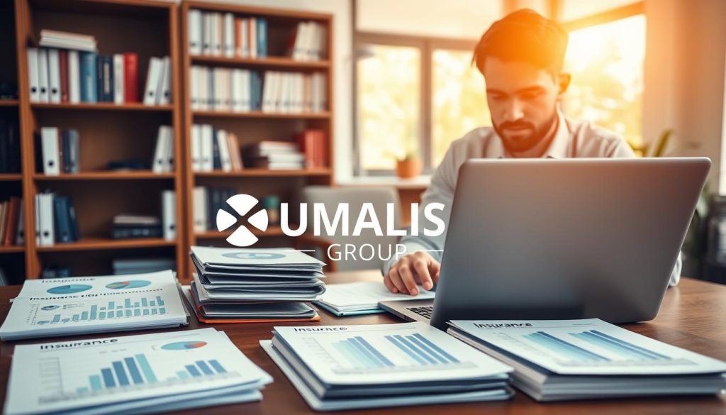 A vibrant and engaging office space depicting a freelance professional sitting at a desk, analyzing charts and documents regarding different insurance offers. In the foreground, the freelancer, dressed in smart casual attire, appears focused, with a laptop open and a notepad filled with notes. In the middle ground, various labeled folders and files representing different insurance options are neatly organized. The background shows a bookshelf filled with business books and a large window allowing soft, natural light to fill the room, creating a warm and productive atmosphere. The overall mood is one of diligence and professionalism. Subtly incorporate the logo of "UMALIS GROUP" on the laptop screen or in the environment, ensuring it blends seamlessly.