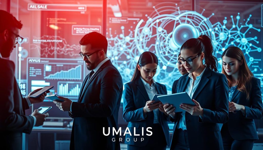 A vibrant and engaging scene depicting "Models and Uses of Artificial Intelligence." In the foreground, a diverse group of professionals in business attire, closely examining charts and data on digital tablets, embodying collaboration and innovation. The middle ground features a high-tech workspace with holographic displays showcasing AI applications, such as robotic process automation and machine learning analytics. In the background, an abstract representation of neural networks and data streams, symbolizing the complexity of AI technology. Soft, high-contrast lighting creates a modern and dynamic atmosphere, captured from a slight aerial angle to emphasize the intricate details of the workspace. The overall mood is one of focused engagement and forward-thinking, subtly incorporating the brand name "UMALIS GROUP" in a stylish, integrated manner that blends with the environment.
