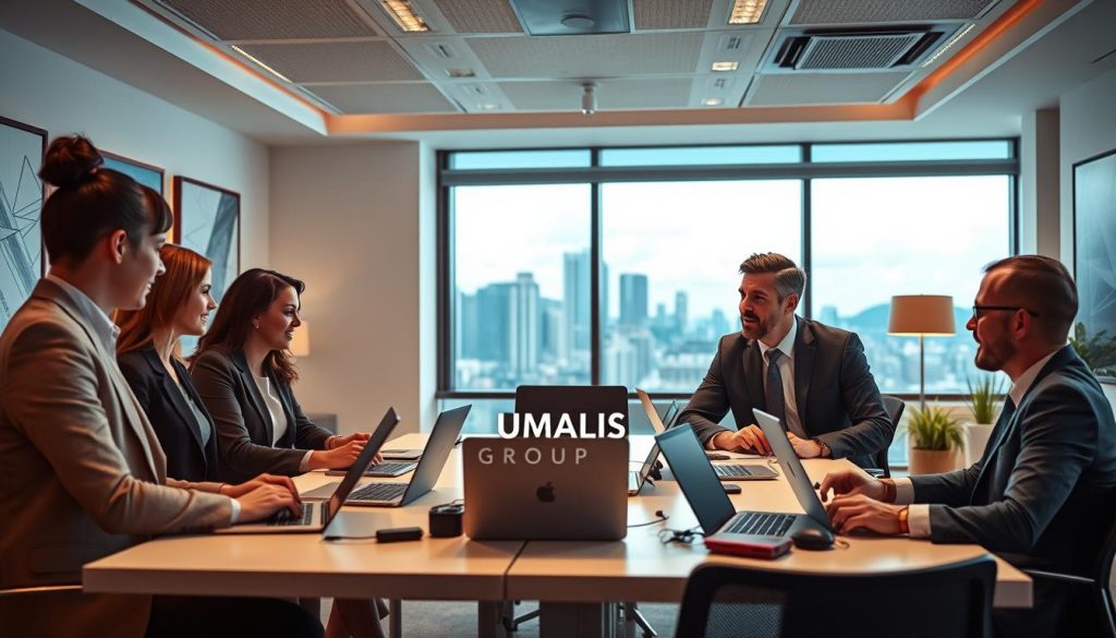 A vibrant and engaging scene showcasing the benefits of "portage salarial" for IT professionals. In the foreground, a diverse group of three professionals, one woman and two men, all dressed in smart business attire, are discussing around a modern conference table filled with laptops and digital devices. The middle ground features a large window with a panoramic view of a city skyline, symbolizing growth and opportunity. In the background, soft, ambient lighting from ceiling fixtures creates a warm atmosphere, while the walls are decorated with technology-themed artwork. The mood conveys innovation, collaboration, and security in professional settings, emphasizing the advantages of employment flexibility. Incorporate the brand logo "UMALIS GROUP" subtly within the environment, perhaps on a presentation screen.