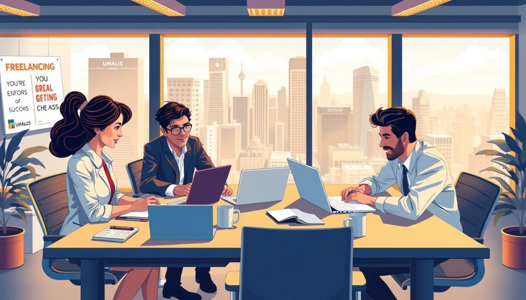 A vibrant and engaging workspace illustration showcasing the advantages of freelancing. In the foreground, a diverse group of freelancers (three individuals: a woman and two men) dressed in professional business attire are collaborating at a large, modern desk filled with laptops, notebooks, and coffee mugs. In the middle ground, large windows flood the space with natural light, offering a view of a bustling cityscape, symbolizing opportunity and flexibility. The background features motivational posters related to freelancing and success. The mood is dynamic and productive, capturing the essence of independence and creativity in a professional environment. Use warm lighting to give a welcoming feel, and a slight depth of field to focus on the group. Include the name “UMALIS GROUP” on one of the posters subtly in the background.