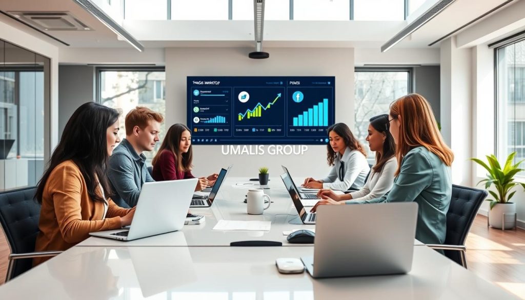 A vibrant and engaging workspace scene showcasing freelance marketing techniques. In the foreground, a diverse group of professionals, dressed in smart casual attire, are gathered around a sleek conference table with laptops and digital devices, brainstorming strategies. In the middle ground, a large digital screen displays analytics and social media icons, symbolizing online visibility. The background features a bright, modern office with large windows, allowing natural light to flood the space, enhancing the energetic atmosphere. Soft, motivational colors like blue and green dominate the aesthetic, suggesting growth and success. The brand name "UMALIS GROUP" is subtly integrated into the decor. Capture this dynamic environment with a wide-angle lens to convey collaboration and creativity.