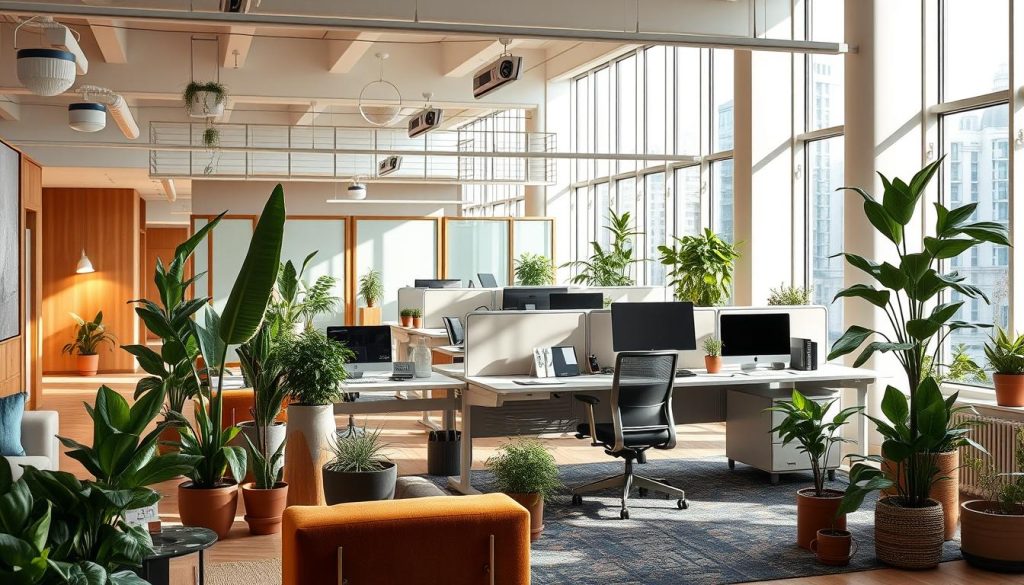 A vibrant and flexible workspace filled with natural light, featuring a sleek UMALIS GROUP branded workstation surrounded by potted plants and modern furniture. The open-concept layout encourages collaboration, with movable partitions and a cozy lounge area. Warm wood tones and muted colors create a calming atmosphere, while strategic task lighting and large windows provide a seamless blend of form and function. The scene conveys a sense of adaptability and freedom, representing the key skills needed to thrive in a dynamic professional environment.
