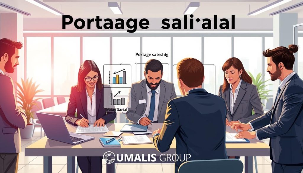 A vibrant and informative digital illustration depicting the various freelance statuses, specifically "portage salarial." In the foreground, a diverse group of independent professionals in smart business attire are discussing and collaborating over a table covered with documents and laptops displaying charts. In the middle ground, elements representing different statuses are artistically illustrated, such as icons or symbols for sole proprietorship, micro-entrepreneurship, and portage salarial, visually labeled. The background features a modern office space with large windows allowing natural light to fill the room, creating an inviting atmosphere. The lighting is bright, emphasizing a sense of professionalism and optimism. Incorporate the brand name "UMALIS GROUP" subtly integrated into the scene, ensuring it resonates with the theme of freelance independence.