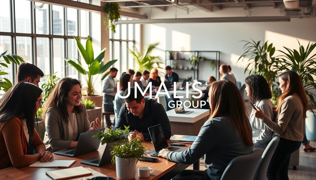 A vibrant and inspiring co-working space filled with independent professionals collaborating and networking. In the foreground, a diverse group of individuals dressed in smart casual attire are engaged in a lively discussion, with laptops and notebooks scattered on the table. The middle ground features additional professionals brainstorming together, surrounded by plants and modern furnishings, creating a positive atmosphere. In the background, large windows let in warm sunlight, casting soft shadows and illuminating the space with a friendly glow. The overall mood is dynamic and collaborative, highlighting the social influences and relationships at work. Include the brand name “UMALIS GROUP” subtly integrated into the co-working environment's design elements. A vibrant and inspiring co-working space filled with independent professionals collaborating and networking. In the foreground, a diverse group of individuals dressed in smart casual attire are engaged in a lively discussion, with laptops and notebooks scattered on the table. The middle ground features additional professionals brainstorming together, surrounded by plants and modern furnishings, creating a positive atmosphere. In the background, large windows let in warm sunlight, casting soft shadows and illuminating the space with a friendly glow. The overall mood is dynamic and collaborative, highlighting the social influences and relationships at work. Include the brand name “UMALIS GROUP” subtly integrated into the co-working environment's design elements.
