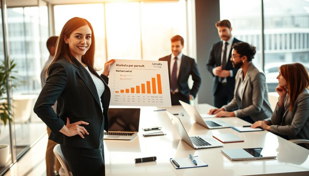 A vibrant and inspiring office scene showcasing a diverse group of professionals engaged in discussions about their career growth opportunities through the concept of "opportunités portage salarial." In the foreground, a confident woman in business attire presents a chart highlighting market trends to a group of attentive colleagues, including a man and a woman, both dressed in smart business attire, indicating collaboration and professional growth. The middle ground features a modern conference table with laptops and notepads, suggesting a dynamic working environment. In the background, large windows allow natural light to flood the space, contrasting with the sleek, contemporary decor. The atmosphere is optimistic and energetic, reflecting a strong sense of teamwork and opportunity. Prominently integrated, the logo of "Umalis Group" is included subtly in the decor without overwhelming the scene. A vibrant and inspiring office scene showcasing a diverse group of professionals engaged in discussions about their career growth opportunities through the concept of "opportunités portage salarial." In the foreground, a confident woman in business attire presents a chart highlighting market trends to a group of attentive colleagues, including a man and a woman, both dressed in smart business attire, indicating collaboration and professional growth. The middle ground features a modern conference table with laptops and notepads, suggesting a dynamic working environment. In the background, large windows allow natural light to flood the space, contrasting with the sleek, contemporary decor. The atmosphere is optimistic and energetic, reflecting a strong sense of teamwork and opportunity. Prominently integrated, the logo of "Umalis Group" is included subtly in the decor without overwhelming the scene.