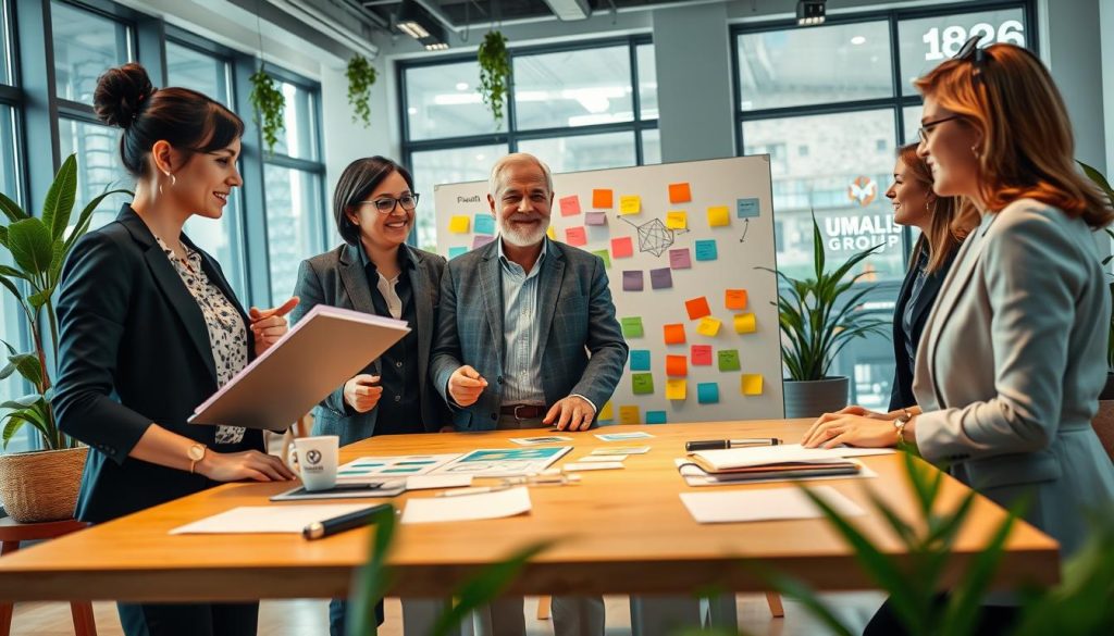 A vibrant and inspiring scene depicting a diverse group of freelance professionals engaged in collaborative discussions around a modern workspace. In the foreground, a young woman in smart casual attire is presenting a portfolio to two attentive colleagues, a middle-aged man in a suit and a woman in professional attire, both nodding in encouragement. The middle ground features a whiteboard filled with colorful post-it notes and diagrams, symbolizing brainstorming and professional development. The background showcases large windows with natural light streaming in, plants adorning the space, creating a warm and inviting atmosphere. The image should convey a sense of growth, collaboration, and opportunity, with a subtle hint of the brand name "UMALIS GROUP" being represented through branded materials on the table. The scene should be captured with a wide-angle lens to emphasize the openness and creativity of the environment. A vibrant and inspiring scene depicting a diverse group of freelance professionals engaged in collaborative discussions around a modern workspace. In the foreground, a young woman in smart casual attire is presenting a portfolio to two attentive colleagues, a middle-aged man in a suit and a woman in professional attire, both nodding in encouragement. The middle ground features a whiteboard filled with colorful post-it notes and diagrams, symbolizing brainstorming and professional development. The background showcases large windows with natural light streaming in, plants adorning the space, creating a warm and inviting atmosphere. The image should convey a sense of growth, collaboration, and opportunity, with a subtle hint of the brand name "UMALIS GROUP" being represented through branded materials on the table. The scene should be captured with a wide-angle lens to emphasize the openness and creativity of the environment.