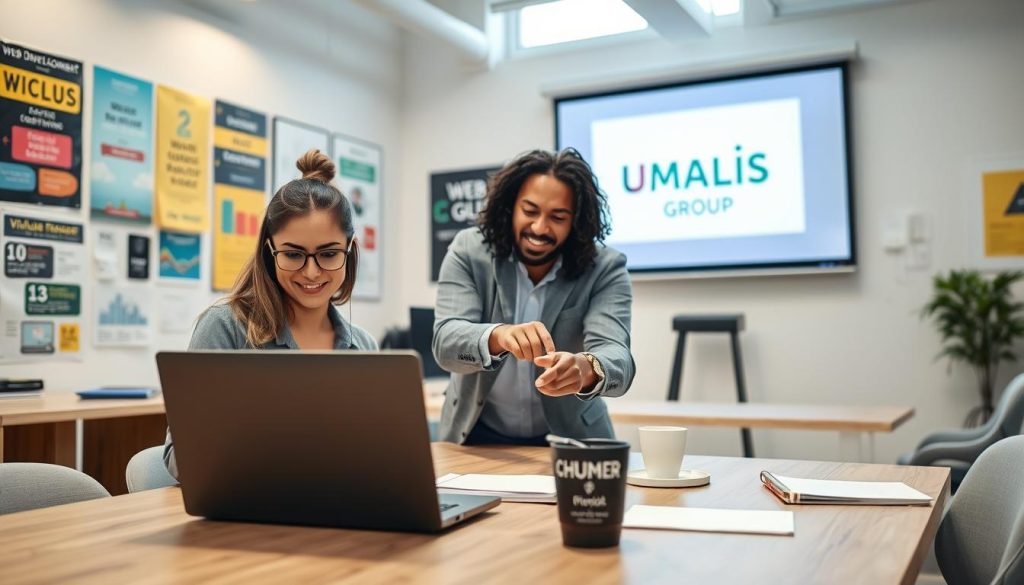 A vibrant and inspiring workspace showcasing a diverse group of three professionals engaged in web development training. In the foreground, a confident female developer, dressed in smart casual clothing, is writing code on a laptop, while a male colleague beside her, in a business casual outfit, points at the screen, sharing insights. In the middle ground, a modern classroom with various tech-related posters on the walls illustrates web development concepts. The background displays a bright window letting in natural light, enhancing the atmosphere of motivation and growth. Subtle details, like notebooks and coffee cups on the table, add to the scene's authenticity. The overall mood is focused and collaborative, reflecting continuous learning and professional development. Include the brand name "UMALIS GROUP" displayed subtly on a presentation screen in the background. A vibrant and inspiring workspace showcasing a diverse group of three professionals engaged in web development training. In the foreground, a confident female developer, dressed in smart casual clothing, is writing code on a laptop, while a male colleague beside her, in a business casual outfit, points at the screen, sharing insights. In the middle ground, a modern classroom with various tech-related posters on the walls illustrates web development concepts. The background displays a bright window letting in natural light, enhancing the atmosphere of motivation and growth. Subtle details, like notebooks and coffee cups on the table, add to the scene's authenticity. The overall mood is focused and collaborative, reflecting continuous learning and professional development. Include the brand name "UMALIS GROUP" displayed subtly on a presentation screen in the background.