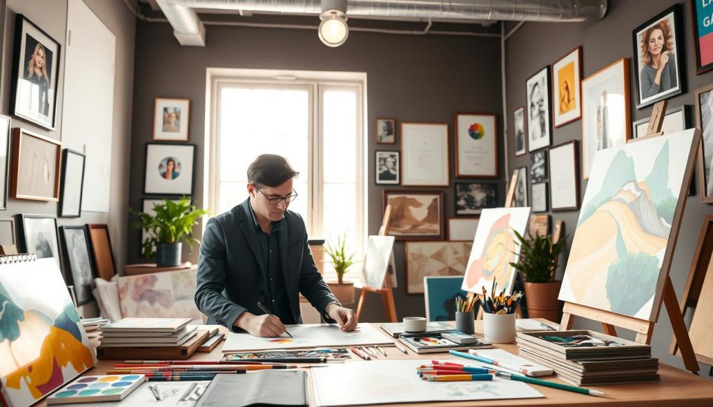 A vibrant and inspiring workspace showcasing a professional artist in the foreground, dressed in smart casual attire, interacting with art supplies on a desk. The artist is painting, surrounded by colorful canvases and sketches that reflect their creativity. In the middle ground, a large window lets in bright, natural light, illuminating the space. The background features a stylish gallery wall displaying framed artworks and certificates, conveying a sense of achievement and professionalism. The atmosphere is warm and encouraging, symbolizing the security and support offered by UMALIS GROUP through portage salarial. Use soft, diffused lighting to enhance the inviting mood, with a slight focus on the artist to emphasize their dedication. Use a slightly elevated angle to capture the full atmosphere of the creative workspace.