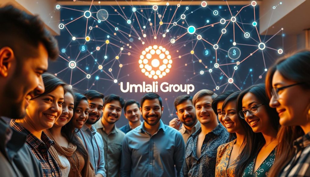 A vibrant and interconnected tableau, showcasing the collective intelligence of the Umalis Group. In the foreground, a diverse team of individuals collaborate seamlessly, their expressions brimming with focused intensity. The middle ground reveals a dynamic visualization of data flows, intricate networks of information exchange. In the background, the Umalis Group's logo shines, a beacon of innovation and unity. Warm, diffused lighting casts a harmonious glow, evoking a sense of synergy and shared purpose. Captured through a wide-angle lens, the scene presents a holistic, bird's-eye view of the company's collaborative ecosystem.