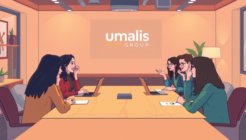 A vibrant and intimate remote team gathering, set against a warm and inviting office space. In the foreground, a group of professionals engaged in lively discussion, their body language conveying trust, openness, and a sense of camaraderie. The middle ground features a large, wooden conference table, where team members collaborate on shared projects, leveraging the latest remote work tools. In the background, the Umalis Group logo is prominently displayed, showcasing the company's commitment to fostering a connected and productive remote work environment. Soft, directional lighting casts a cozy glow, while the composition emphasizes the team's strong bonds and sense of shared purpose.