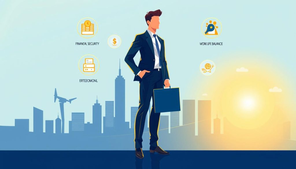 A vibrant and modern illustration depicting the advantages of "portage salarial" for sales professionals. In the foreground, a stylish business person stands confidently, briefcase in hand, surrounded by floating icons representing the key benefits: financial security, work-life balance, and entrepreneurial freedom. The middle ground features a sleek, minimalist city skyline, hinting at the dynamic, fast-paced world of sales. In the background, a warm, golden-hued light casts a welcoming glow, conveying a sense of opportunity and potential. The overall composition exudes professionalism, innovation, and the empowering essence of the "Umalis Group" portage salarial solution.