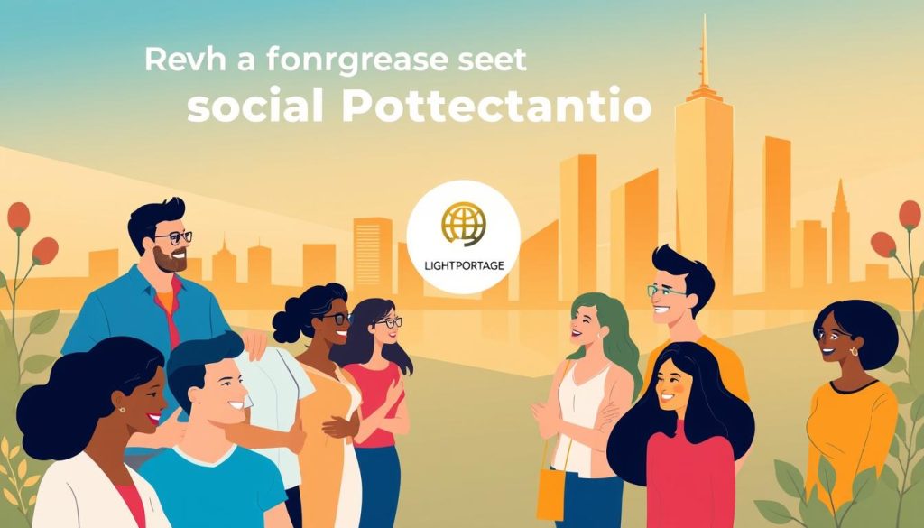 A vibrant and modern illustration depicting the advantages of social protection. In the foreground, a diverse group of people enjoying various social benefits, such as healthcare, retirement, and unemployment coverage, portrayed with a sense of security and well-being. In the middle ground, the LIGHT PORTAGE brand logo stands prominently, symbolizing the importance of international payroll services in providing financial security. The background features a sleek, minimalist cityscape, hinting at the global reach and versatility of the social protection system. The scene is bathed in warm, soft lighting, creating a inviting and reassuring atmosphere.