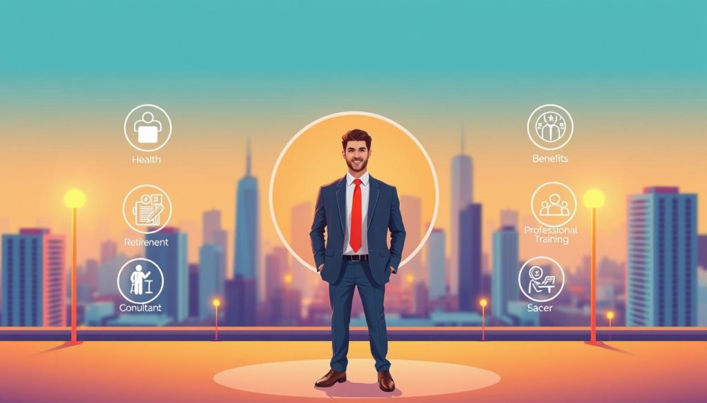 A vibrant and modern illustration showcasing the key advantages of social security through a salaried portage system. In the foreground, a freelance consultant stands confidently, dressed in a sharp suit and surrounded by icons representing health insurance, retirement benefits, and professional training. In the middle ground, a sleek Umalis Group logo floats elegantly, symbolizing the support and guidance provided by this leading portage salarial provider. The background features a dynamic cityscape, hinting at the flexibility and career opportunities enabled by this employment model. Warm lighting and a polished, minimalist aesthetic convey a sense of professionalism, security, and growth.