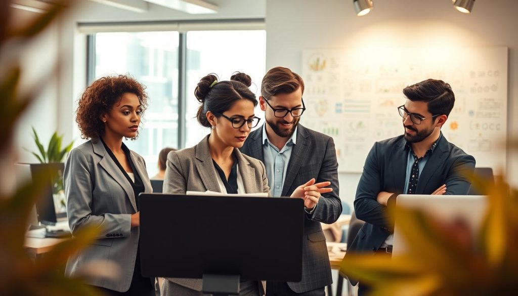 A vibrant and modern office setting showcasing various IT professionals engaged in collaboration. In the foreground, a diverse group of consultants in professional business attire, including a woman with curly hair and a man wearing glasses, are discussing while analyzing data on a laptop. In the middle ground, a large window lets in natural light, illuminating a sleek workspace with computers and tech gadgets. In the background, a whiteboard filled with brainstorming notes and diagrams reflects an innovative atmosphere. The scene captures a sense of teamwork and professionalism, highlighting the advanced tools and technologies that define the world of IT consulting. Soft, warm lighting adds to the inviting and dynamic mood of the environment, while a wide-angle perspective showcases the open layout of the office. A vibrant and modern office setting showcasing various IT professionals engaged in collaboration. In the foreground, a diverse group of consultants in professional business attire, including a woman with curly hair and a man wearing glasses, are discussing while analyzing data on a laptop. In the middle ground, a large window lets in natural light, illuminating a sleek workspace with computers and tech gadgets. In the background, a whiteboard filled with brainstorming notes and diagrams reflects an innovative atmosphere. The scene captures a sense of teamwork and professionalism, highlighting the advanced tools and technologies that define the world of IT consulting. Soft, warm lighting adds to the inviting and dynamic mood of the environment, while a wide-angle perspective showcases the open layout of the office.
