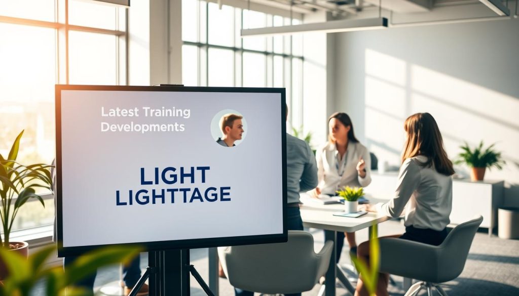 A vibrant and modern office setting, with a group of professionals gathered around a conference table, engaged in a dynamic discussion. The room is bathed in warm, natural light filtering through large windows, creating a sense of openness and collaboration. In the foreground, a presentation screen displays the LIGHT PORTAGE brand, showcasing the latest training and development opportunities. The mid-ground features team members exchanging ideas, while the background depicts a sleek, minimalist office environment, complete with modern furniture and decor. The atmosphere conveys a sense of progress, growth, and the continuous pursuit of knowledge and skill enhancement.