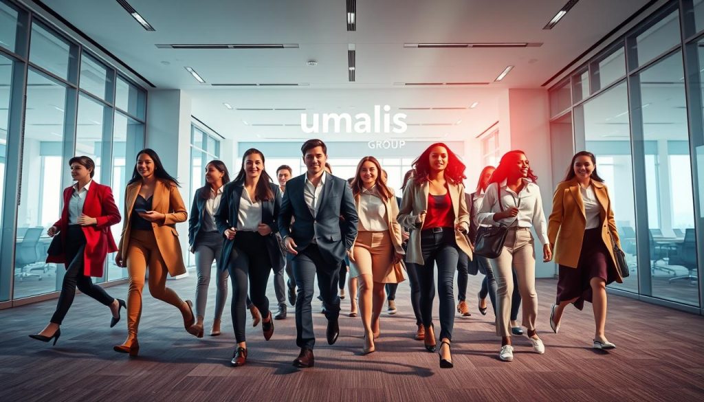 A vibrant and modern scene showcasing the flexible career opportunities of professional portage salarial. In the foreground, a group of young, diverse professionals in smart casual attire confidently stride forward, exuding a sense of empowered mobility. The mid-ground features sleek, minimalist office spaces with large windows, conveying a bright and airy atmosphere. The background is dominated by the bold Umalis Group logo, highlighting their leadership in this innovative employment solution for young graduates. The overall mood is one of dynamism, flexibility, and optimism, reflecting the advantages of the portage salarial model.