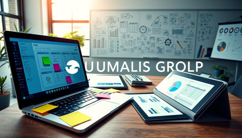 A vibrant and modern workspace filled with essential digital project management tools. In the foreground, a sleek laptop with project management software open, accompanied by colorful sticky notes and a digital tablet summarizing project tasks. In the middle ground, a stylish office desk with a trendy document organizer containing reports and charts, symbolizing effective organization. The background features a whiteboard filled with brainstorming ideas and diagrams, illuminated by bright, natural light pouring in through large windows, creating an inviting atmosphere. The overall mood is dynamic and professional, emphasizing productivity and innovation. The brand name "UMALIS GROUP" is subtly incorporated into the design elements, enhancing a sense of brand identity without detracting from the main focus. A vibrant and modern workspace filled with essential digital project management tools. In the foreground, a sleek laptop with project management software open, accompanied by colorful sticky notes and a digital tablet summarizing project tasks. In the middle ground, a stylish office desk with a trendy document organizer containing reports and charts, symbolizing effective organization. The background features a whiteboard filled with brainstorming ideas and diagrams, illuminated by bright, natural light pouring in through large windows, creating an inviting atmosphere. The overall mood is dynamic and professional, emphasizing productivity and innovation. The brand name "UMALIS GROUP" is subtly incorporated into the design elements, enhancing a sense of brand identity without detracting from the main focus.