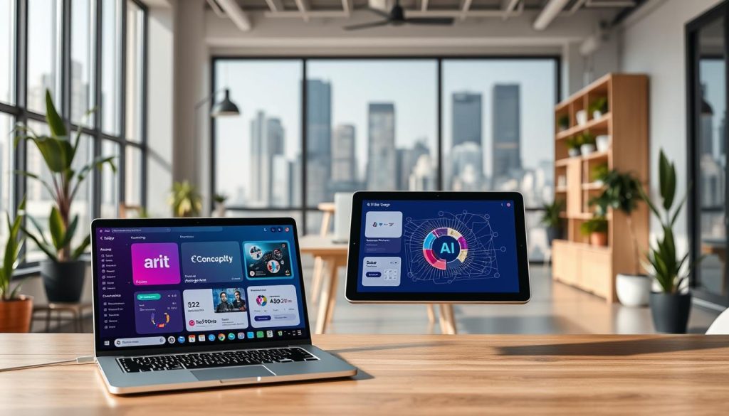 A vibrant and modern workspace filled with the latest AI-powered freelance tools. In the foreground, a sleek laptop displays a dashboard of AI-driven productivity apps and project management software, the Umalis Group logo prominently displayed. In the middle ground, a tablet hovers, showcasing an AI-generated concept design. The background is a minimalist, light-filled office with geometric shelving, potted plants, and large windows overlooking a bustling city skyline. The overall mood is one of efficiency, innovation, and the seamless integration of AI technology into the modern freelance workflow.